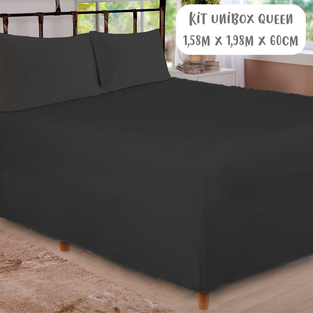 Jogo de Lençol 3 Peças Box Conjugado Unibox Queen Preto Arrumadinho Enxovais